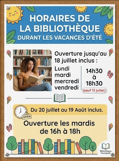 Horaires bibliothèque durant les vacances d&rsquo;été